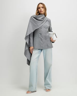River Island Womens Blazer Grey Striped Double Breasted Cape