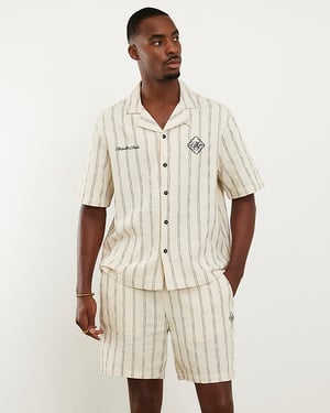 River Island Mens Shirt Cream Short Sleeve Textured Pinstripe