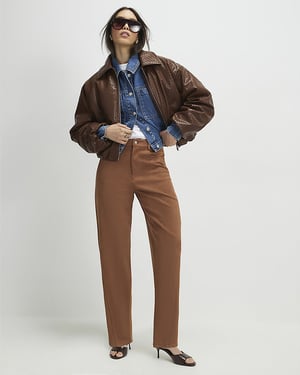 River Island Womens Trousers Brown Faux Suede Barrel Leg