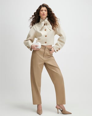 River Island Womens Trousers Beige Faux Leather Barrel Leg