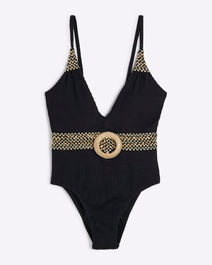 River Island Womens Swimsuit Petite Black Textured Plunge Neck