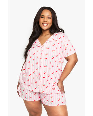 Plus Cherry Print Shirt And Short Set