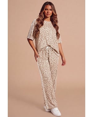 Beige Leopard Print Oversized Loungewear Set With Side Stripe Detail- Orlina