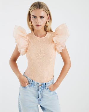River Island Womens Bodysuit Petite Beige Short Sleeve Lace