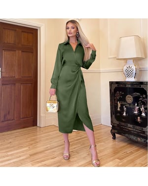 Women's AX Paris Wrap Satin Shirt Midi Dress in Olive