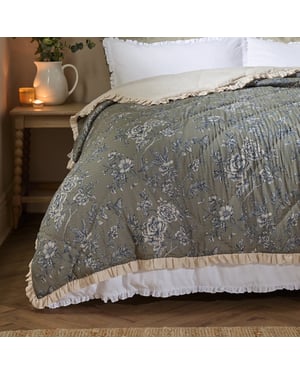 Wylder Hermione Ruffled 100% Cotton Floral Bedspread, Moss