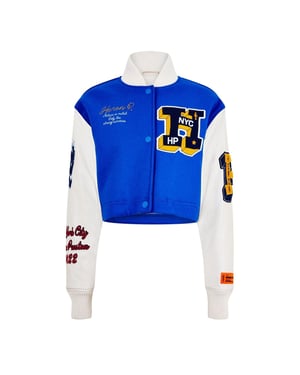 Women's Heron Preston Varsity Rib Crew Neck Jacket in Blue/Yellow