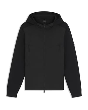 Men's Boss Solid Patterned Hooded Ribbed Cuff Rain Jacket with Logo Badge in Black