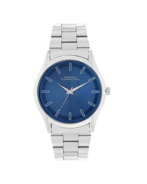 Accessories French Connection Connection Silver Case Round Shape Silver Strap Quartz Watch in Navy Blue