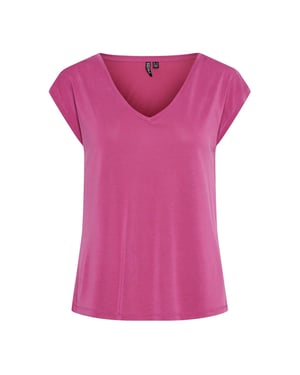 Women's Pieces Regular Fit V-Neck Knit T-Shirt in Fstivl Fuchsia