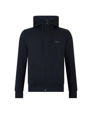 Men's Boss Saggy Solid Patterned Hooded Drawstring Ribbed Cuff Sweat Jacket in Black