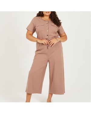 Women's Brave Soul Crew Neck Short Sleeve Solid Patterned Culotte Jumpsuit in Mushroom