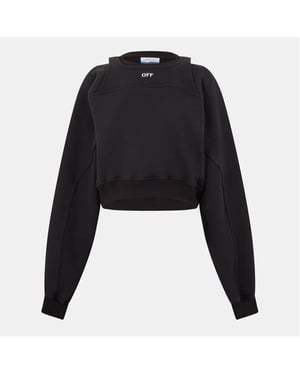Women's Off White Cropped Relaxed Fit Crew Neck Sweatshirt in Black/White