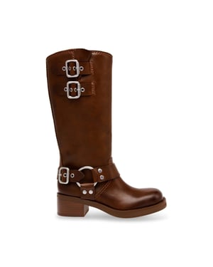 Women's Steve Madden Eastern Motorcycle Boots with Block Heel in Brown