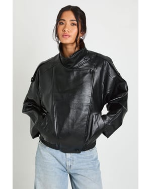 Faux Leather Funnel Neck Jacket