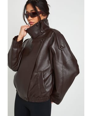 Faux Leather Funnel Neck Jacket