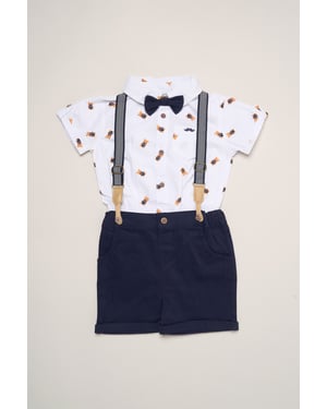 Mock Shirt Bear Print Bodysuit, Bowtie and Shorts with Braces Outfit Set