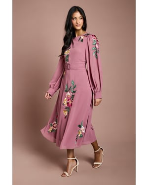 Petite Embroidered Long Sleeve Belted Midi Dress
