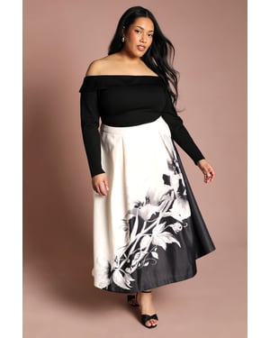 Plus Satin Midi Skirt With Placement Print
