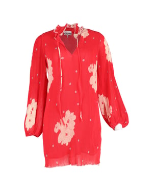 Ganni Ruffle-Trimmed Floral-Print Plissé-Chiffon Mini Dress In Red Viscose