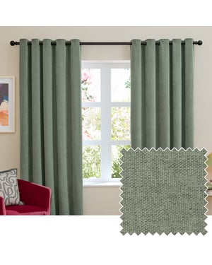 Furn Soft Chenille Blackout Eyelet Curtain Pair, Green