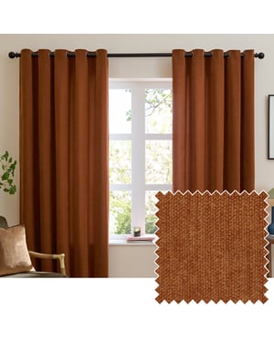 Furn Soft Chenille Blackout Eyelet Curtain Pair, Rust