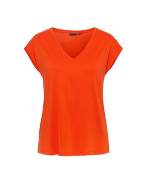Women's Pieces Regular Fit V-Neck Knit T-Shirt in Tangerine Tango