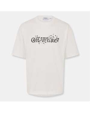 Men's Off White Flower Crew Neck Short Sleeve T-Shirt in White-Black