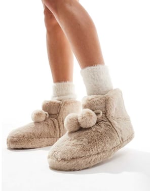 ASOS DESIGN Zyla pom pom bootie slippers in mink