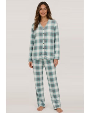 GAP Womens Pyjama Flannel Sleep Set in White Mint Check