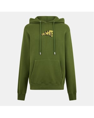 Men's Off White Slim Fit Lettering Hooded Sweatshirt in Green/Yellow