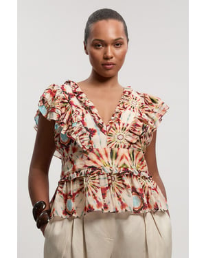 Plus Size Tile Print Silk Cotton Ruffle Detail Woven Top