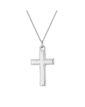 Rolled White Gold Beaded Edge Cross Pendant Necklace