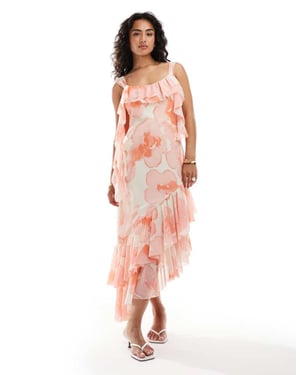 ASOS DESIGN raw edge tendril midi dress with double layer frill hem in watercolour floral