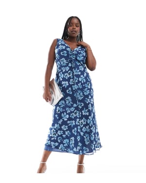 ASOS DESIGN Curve V neck midi dress with ruched bust detail in blue floral