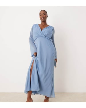 ASOS DESIGN Curve wrap front midi dress with seaming details in denim blue
