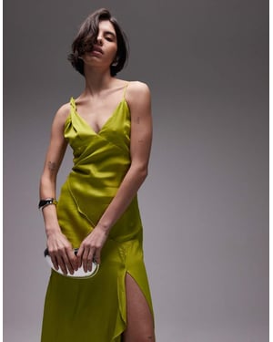 Topshop twist shoulder exposed seam midi slip dress in lime green
