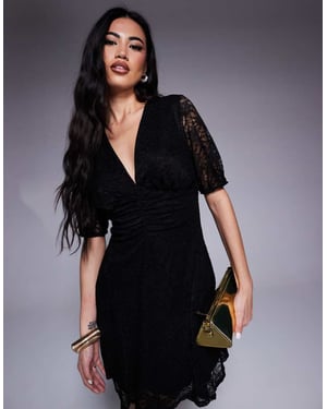ASOS DESIGN short sleeve V neck lace midi dress in black
