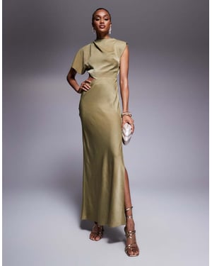 ASOS DESIGN satin drape asymmetric cutout midi dress in olive