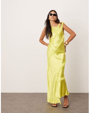 ASOS EDITION sleeveless satin asymmetric detail maxi dress with fringing in lime green