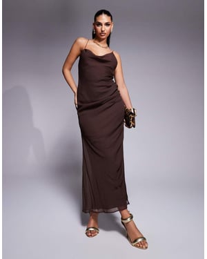 ASOS DESIGN asymmetric neck maxi dress with draped skirt and cutaway split in chocolate
