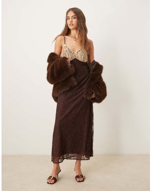 Miss Selfridge maxi slip dress with contrast lace in chocolate