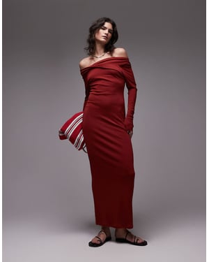 Topshop bardot twist detail long sleeve maxi dress in rust red