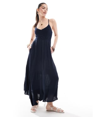 Hollister crochet & woven mix maxi dress with hanky hem in navy