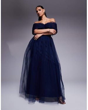 Lace & Beads bow off shoulder tulle maxi dress in navy
