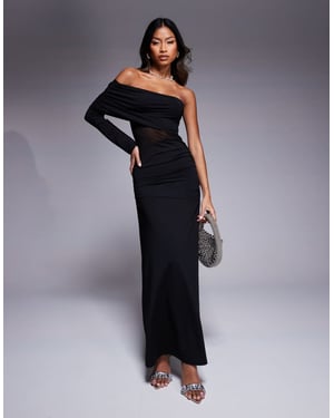 ASOS DESIGN asymmetric one shoulder maxi dress with mesh cut out in black