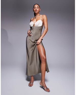 ASOS DESIGN satin cami maxi dress with colourblock bodice in khaki and cream