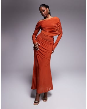 ASOS DESIGN long sleeve slouchy bardot mesh mix maxi dress in rust