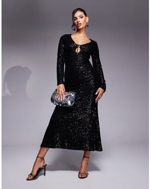 In The Style x Perrie Sian sequin tie front cut out maxi dress in black
