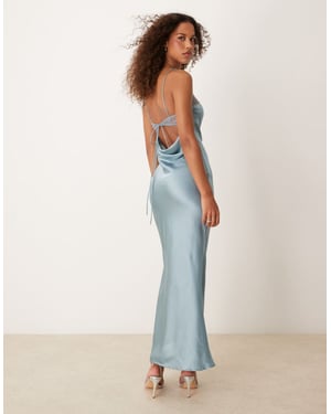 ASOS DESIGN lace insert satin maxi dress with tie back in dusky blue
